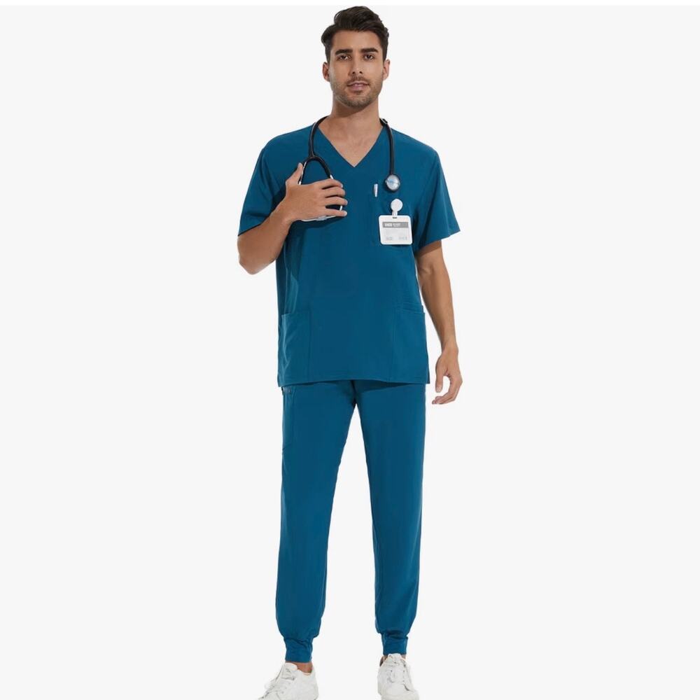 COZYFIT NEW Men's Set XL Scrub Top & XLT Tall Jogger Pant Caribbean Blue Stretch